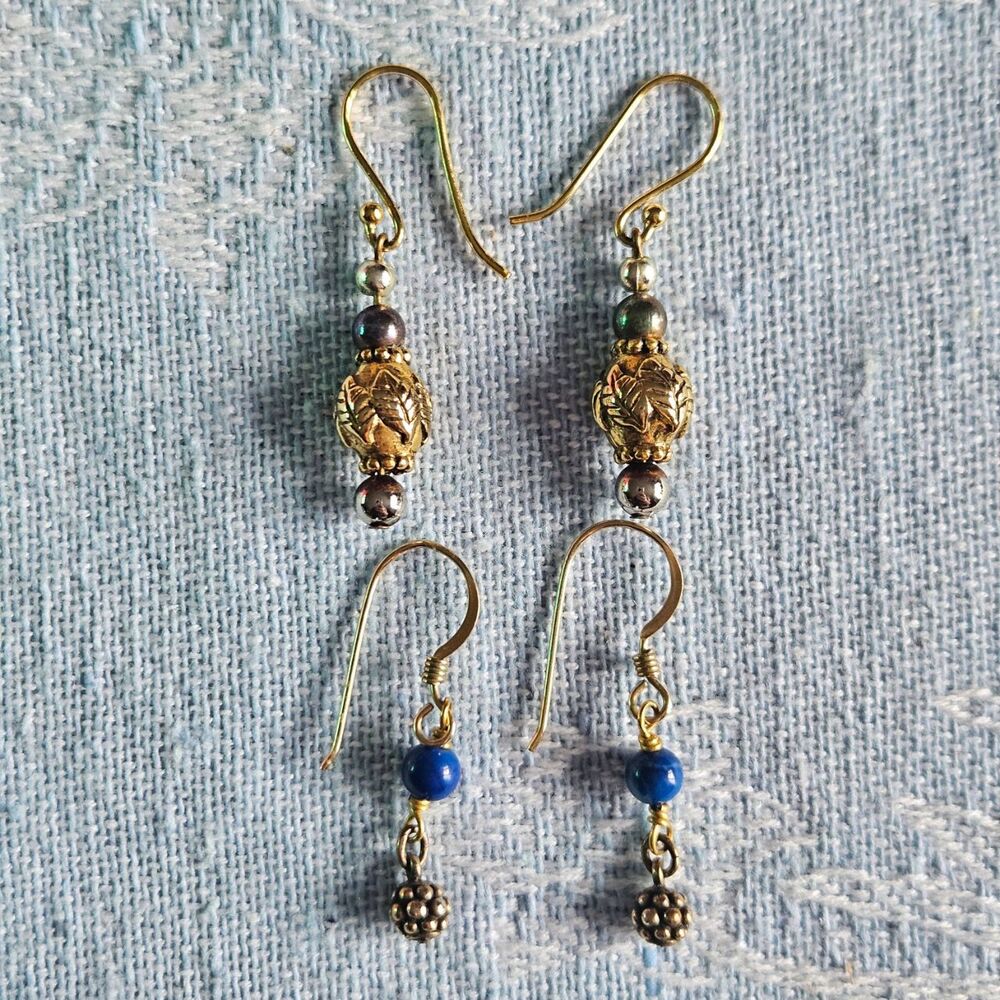 Artisan Handmade Earrings Gold Silver Blue Two Toned Dangle Beaded Fishhook